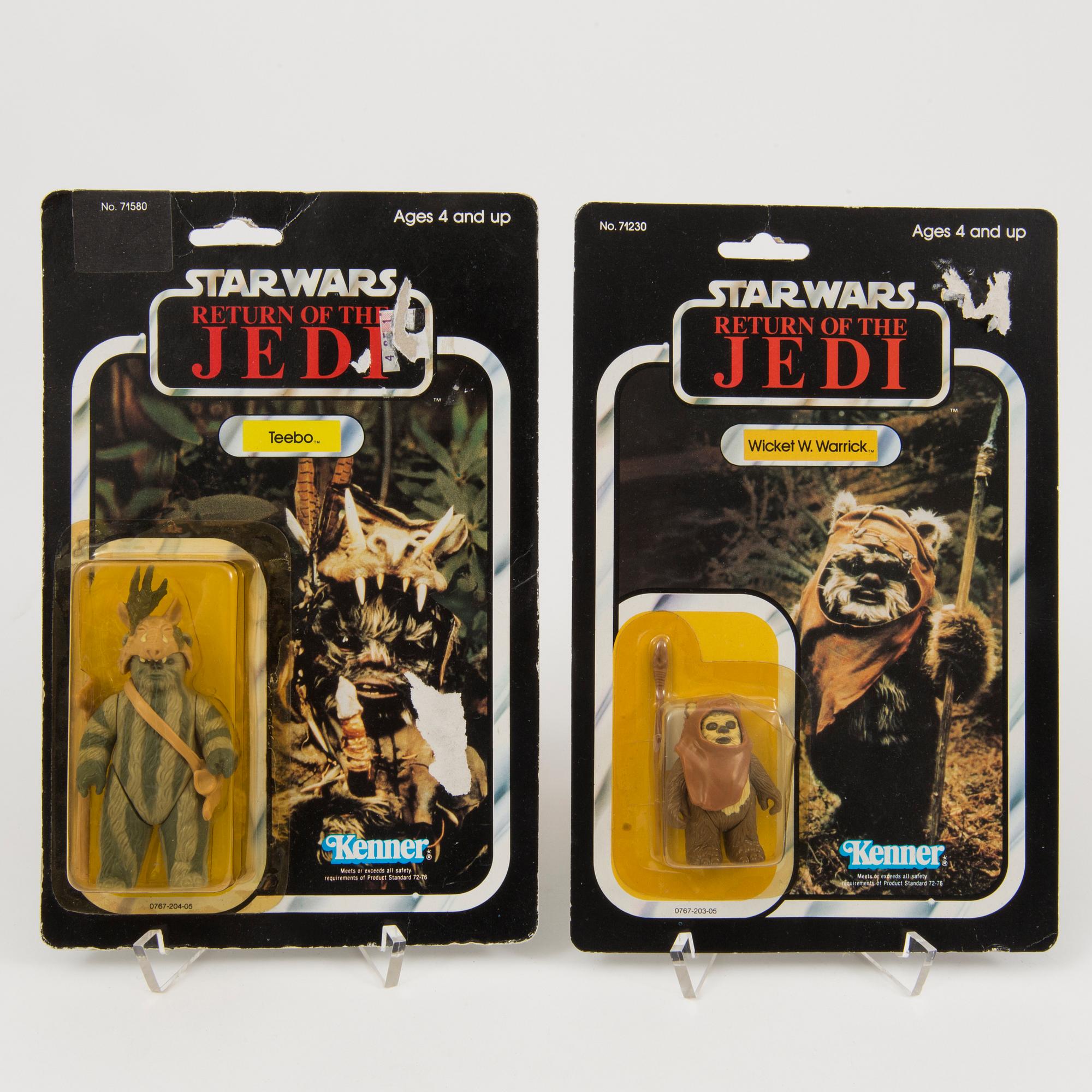 STAR WARS, 4 stycken figurer i Return of the Jedi förpackning, Kenner och Palitoy 1980-tal.