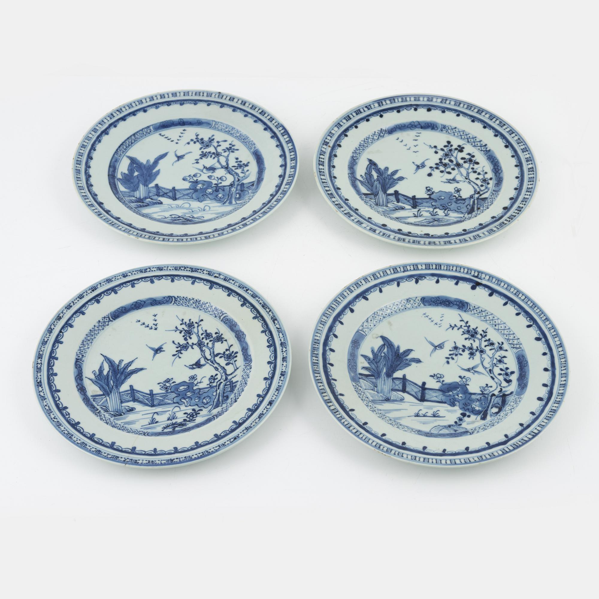 Four blue and white plates, China, Qing dynasty, Qianlong (1736-95).