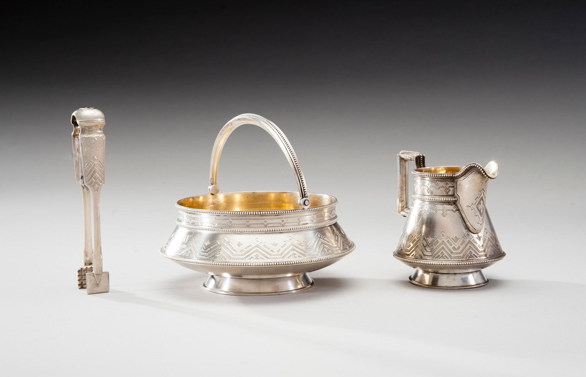 RUSSIAN SUGAR BOWL, SUGAR TONGS AND MILK JUG.