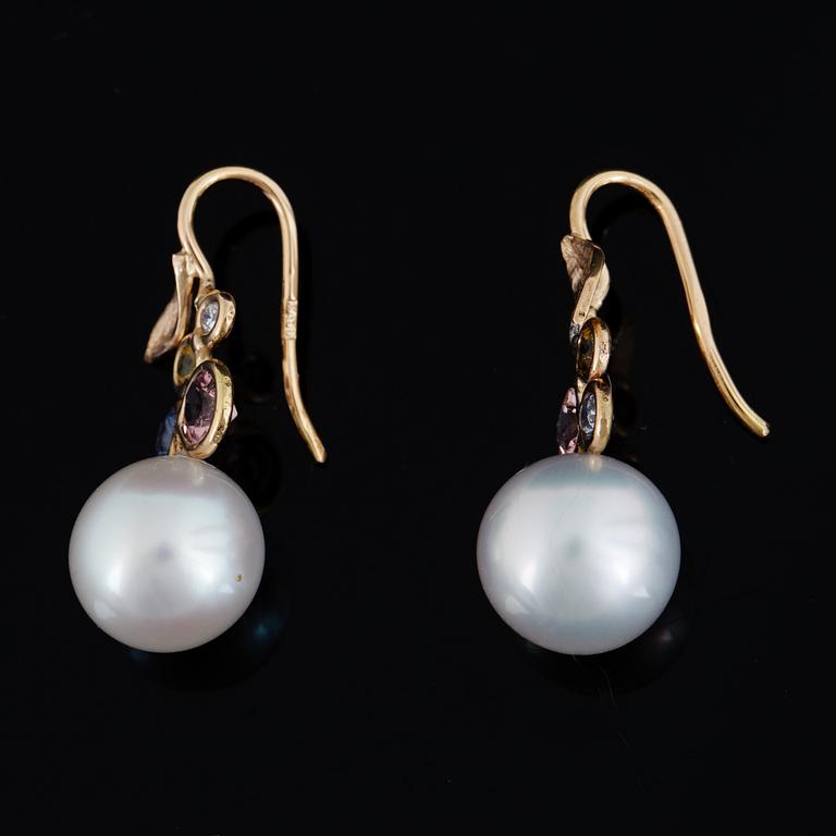 Saltwater pearl, pink tourmaline, sapphire and brilliant-cut diamond earrings.