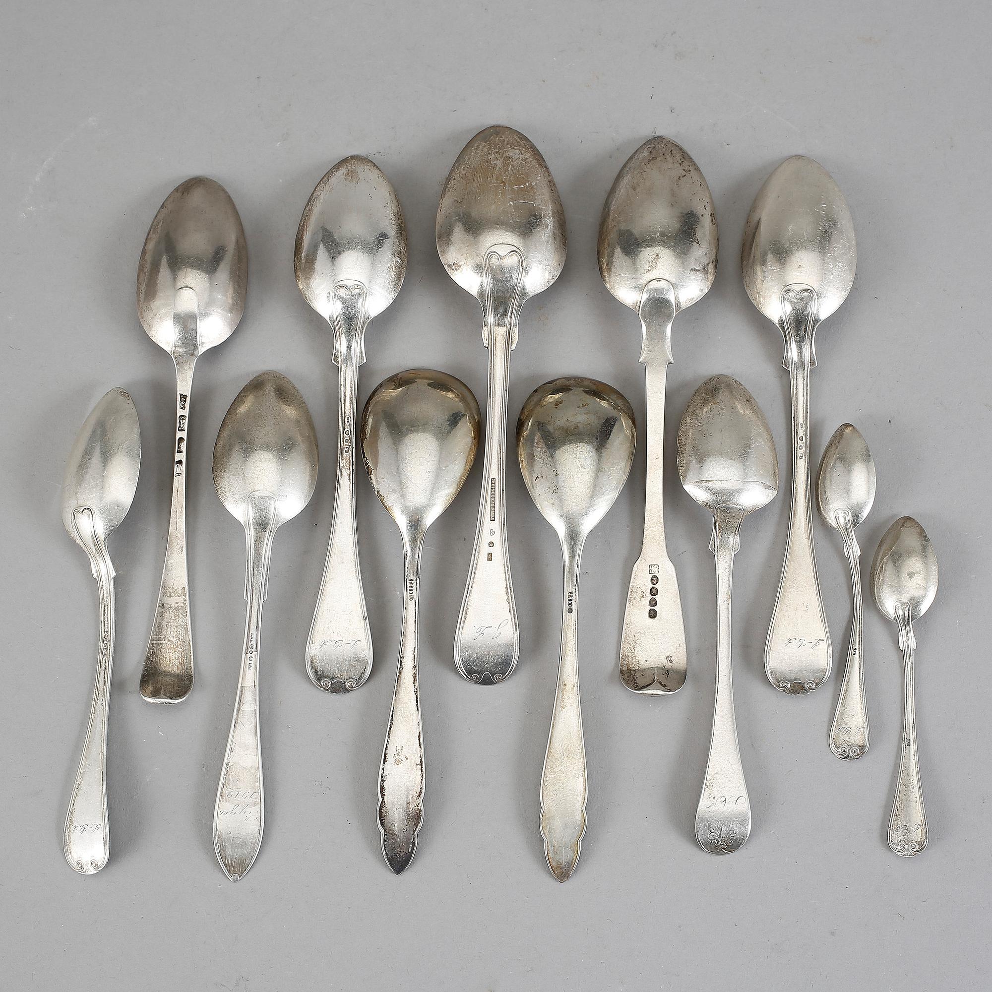 SKEDAR, 12 st, silver, olika modeller, främst 1800-tal, bla Erik Linderoth, 1802.