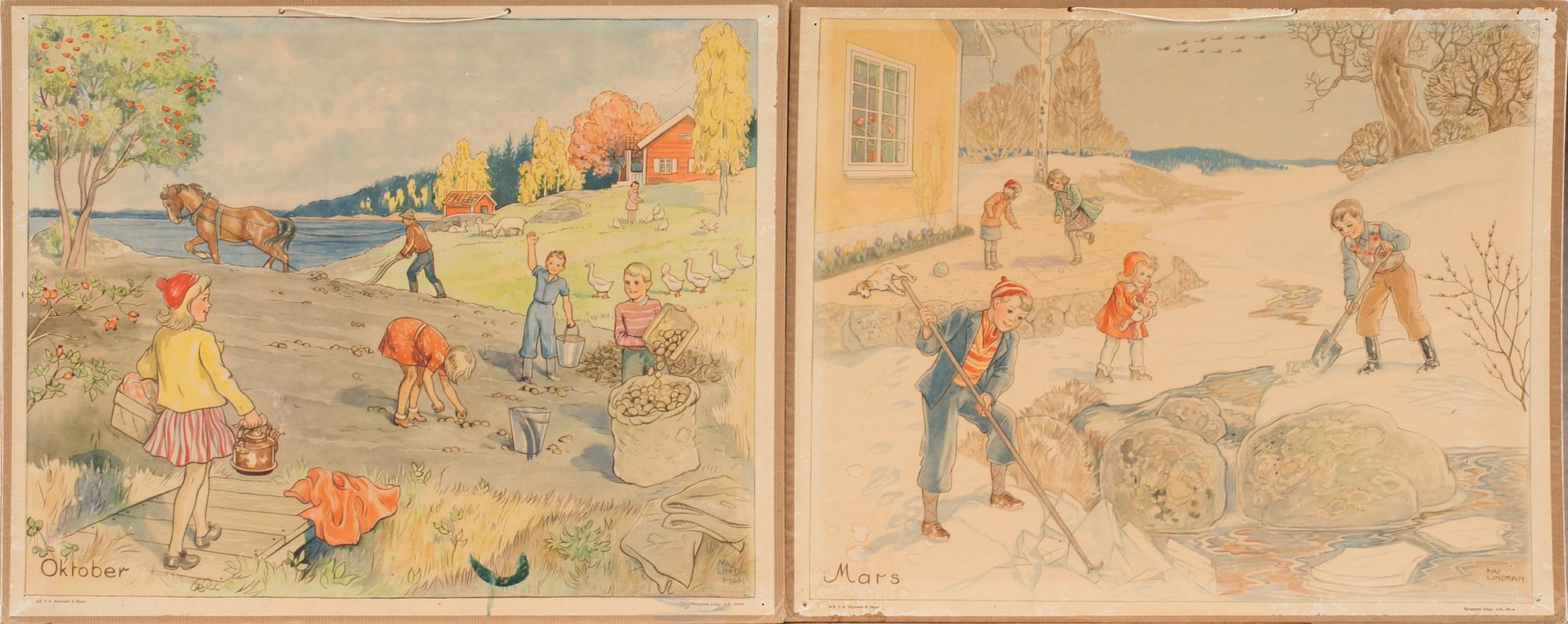 SKOLPLANSCHER, 12 st, Maj Lindman, P.A Norstedt & Söner.