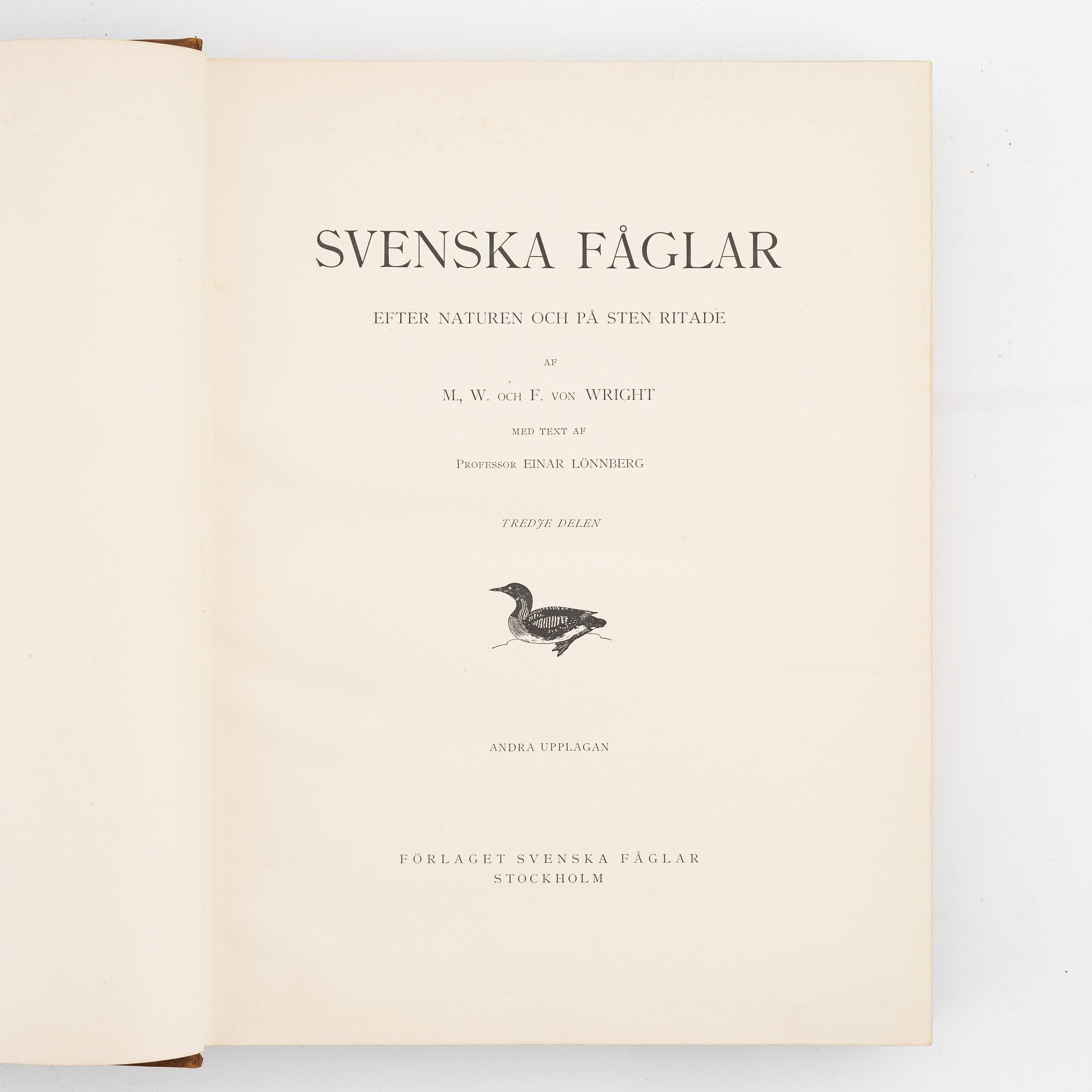 Bokband, 3 st, "Svenska Fåglar" av bröderna von Wright.
