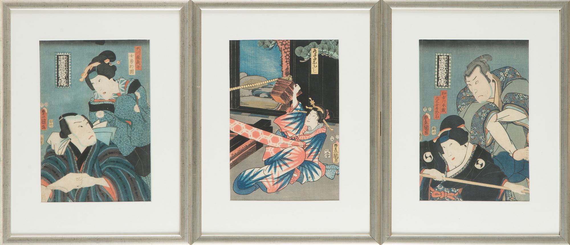 Utagawa Kunisada (Toyokuni III), Japanilaiset puupiirrokset, 3 kpl.