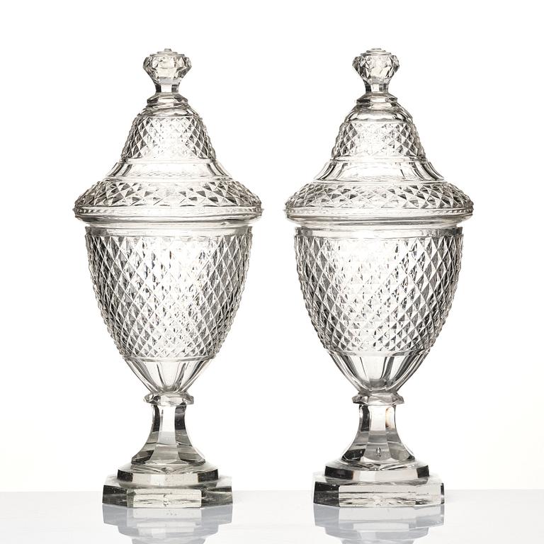 A pair of glass cups with covers, possibly Ireland, 19th century.