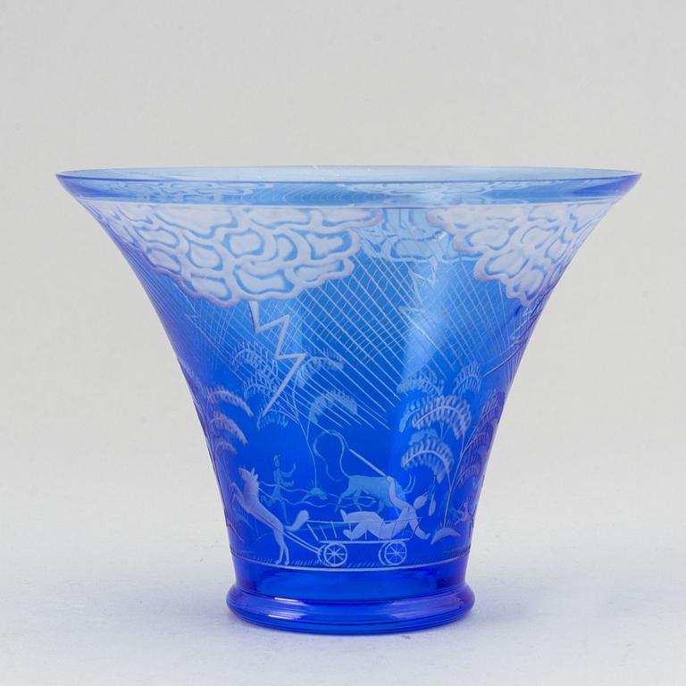 Edward Hald, a "Thunderstorm" engraved blue glass bowl, Orrefors, Sweden 1976.