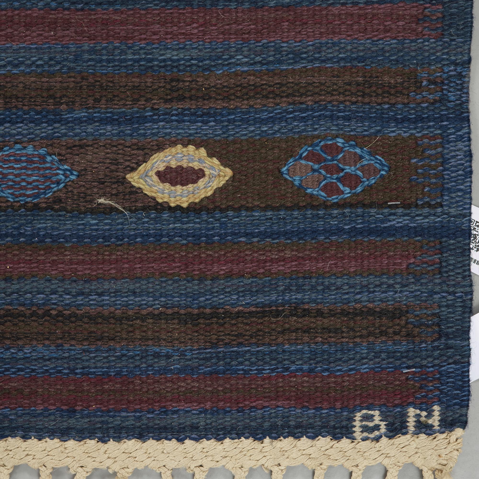 BARBRO NILSSON, carpets, 2 pieces, flat weave, 238,5 x 101 resp. 181,5 x 81 cm, "Blåbär, mörk", signed AB MMF BN.