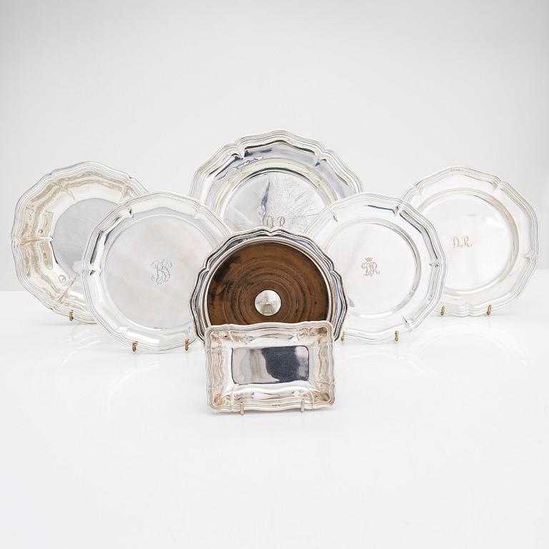 Four silver dishes and two bowls, Swedish, Danish and Finnish hallmarks 1918-1948, and a silver-plated coaster.