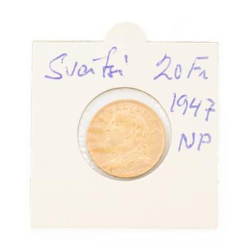 Gold coin, Switzerland, 20 Franc, 1947.