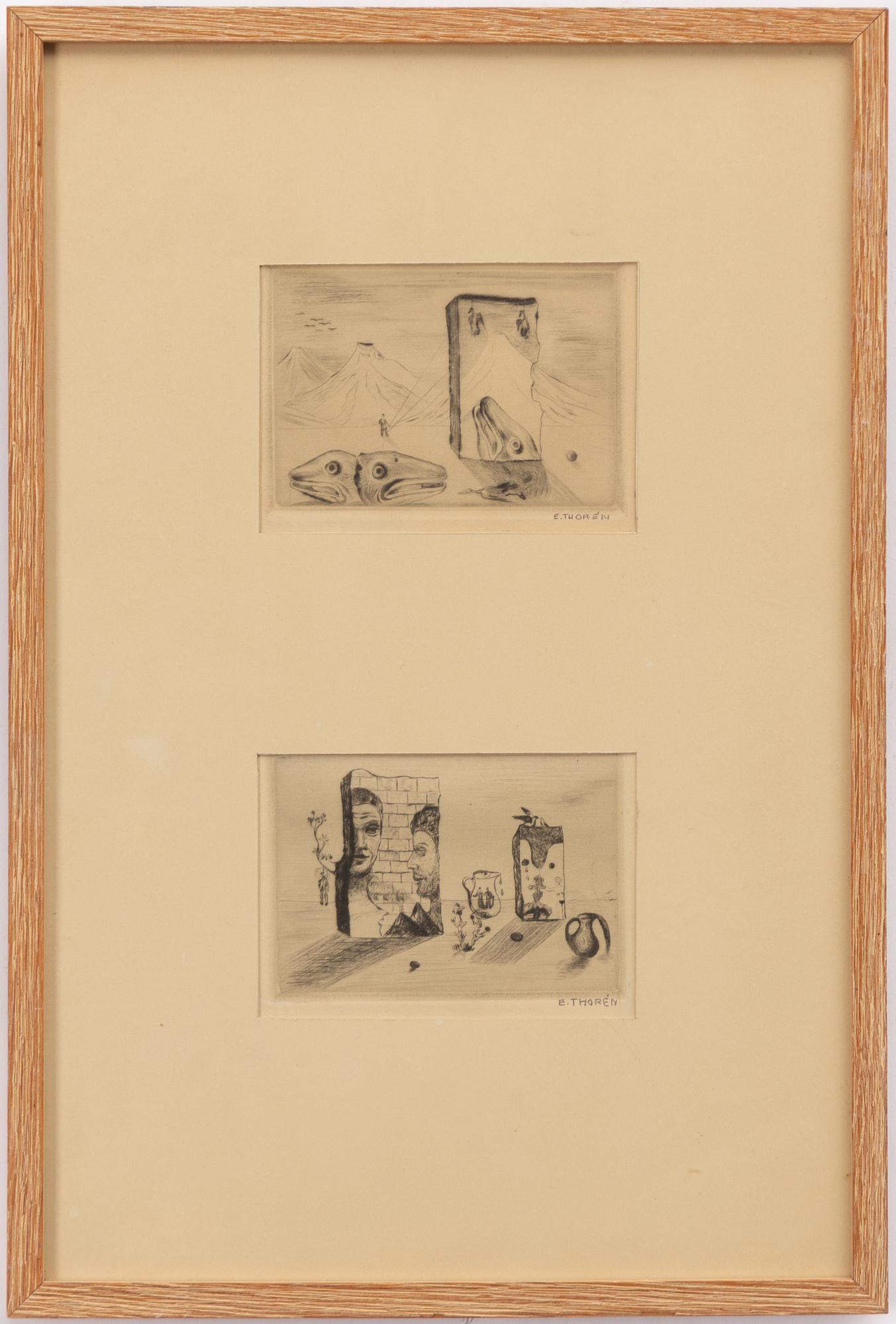 Esaias Thorén, Surrealist studies, two etchings.