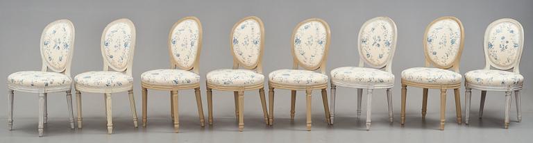 Eight Gustavian late 18th century matched chairs (7+1).