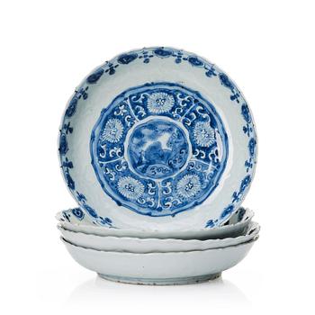 963. Four blue and white kraak dishes, Ming dynasty, Wanli (1572-1620).