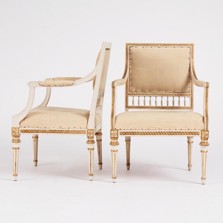 A pair of Gustavian open armchairs by J. Lindgren (master in Stockholm 1770-1800).