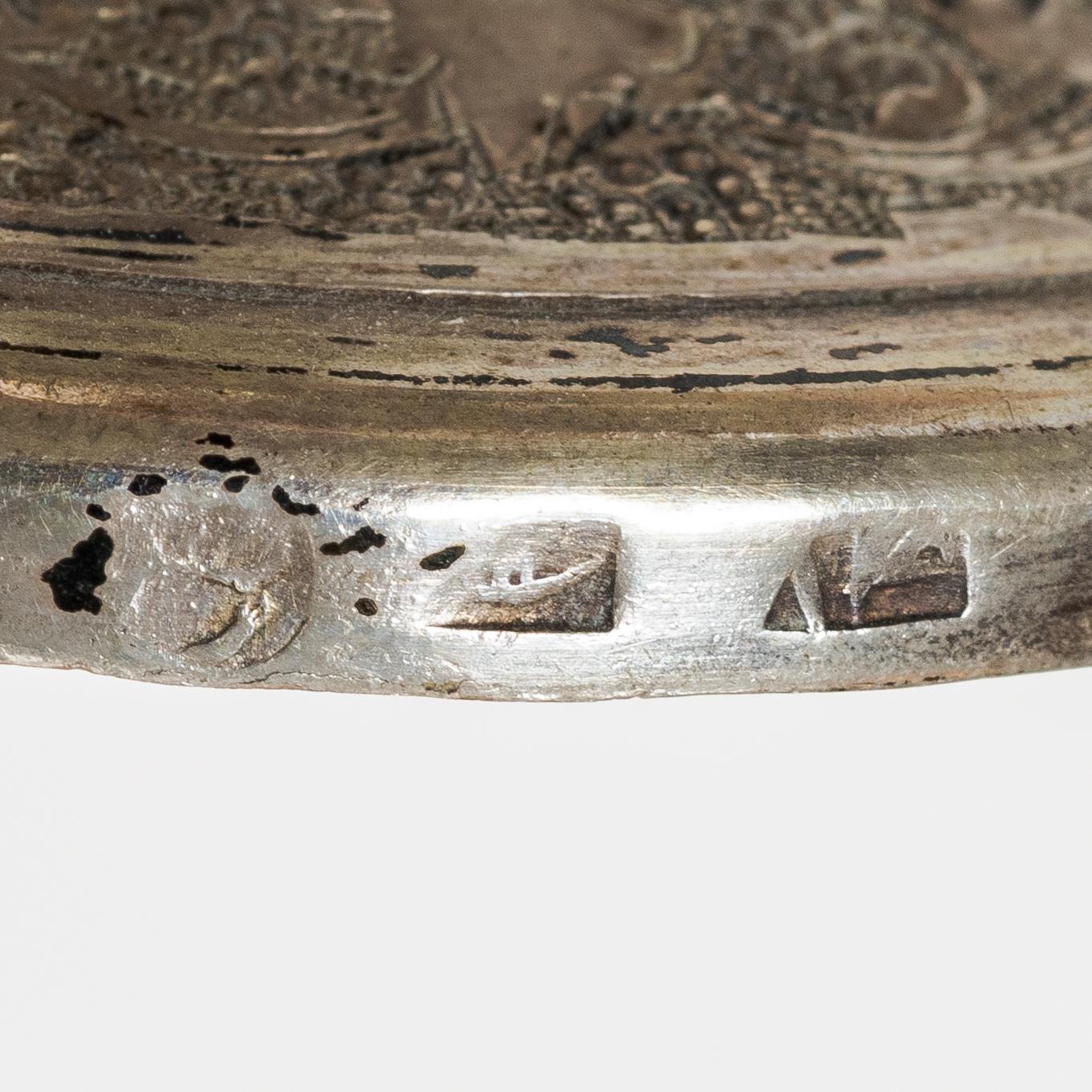 Cocktailglas, 6 st, samt bricka, silver, Iran, 1900-tal.