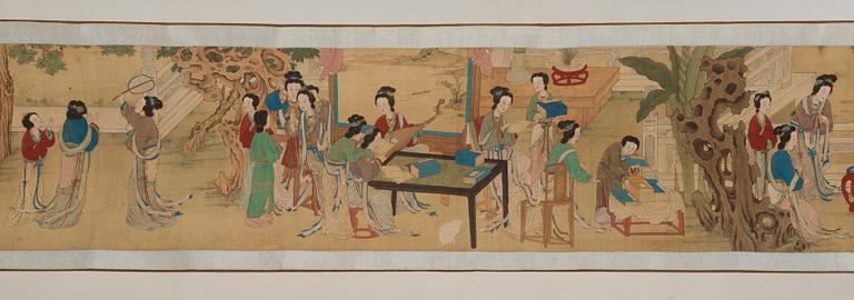 A fine painting of 100 ladies and attendants in a palace garden, and with calligraphy, late Qing dynasty (1644-1912).