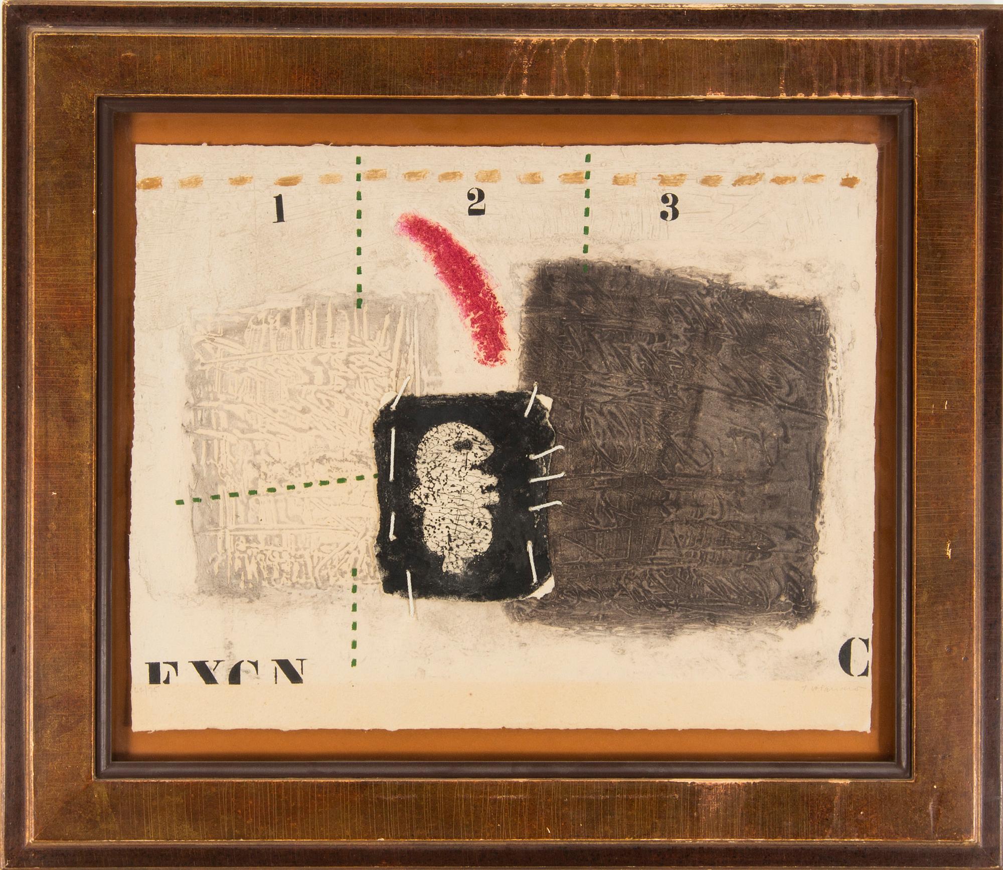 JAMES COIGNARD, etching with colours and carborundum and collage, signed J. Coignard and numbered 62/75 with pencil.
