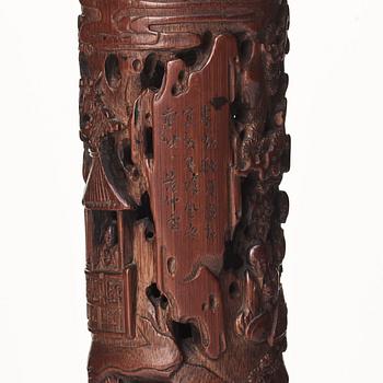 A carved cylindrical bambo parfumier, Qing dynasty, 19th Century.