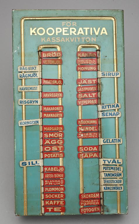 INKÖPSTAVLA TILL HUSHÅLLET, plåt, 1930/40-tal.
