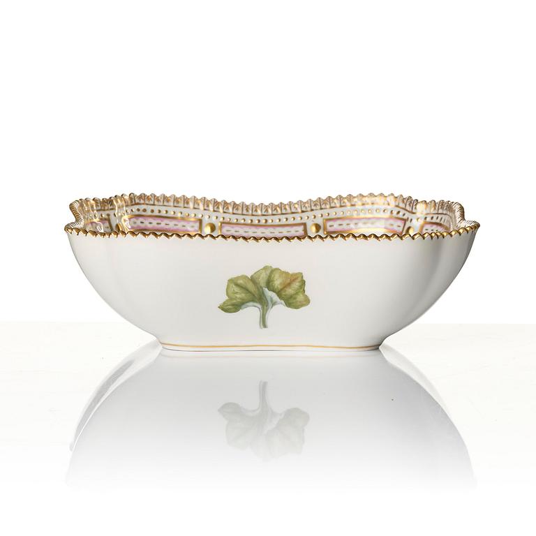 A Royal Copenhagen 'Flora Danica' sauce boat and a pillow shaped bowl, Denmark, 20th century.