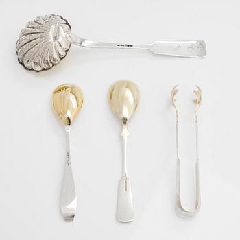 Sugar bowl and cream jug, and four pieces of silver cutlery, Vyborg, Turku, Hämeenlinna and Helsinki 1926-60.