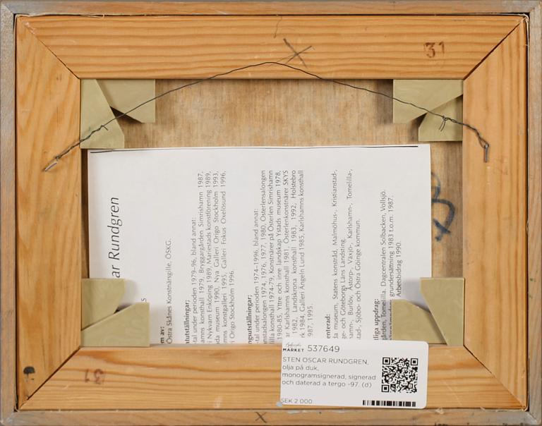 STEN OSCAR RUNDGREN, olja på duk, monogramsignerad, signerad och daterad a tergo -97.