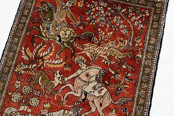 A Ghom figural silk rug, c. 77 x 55 cm.