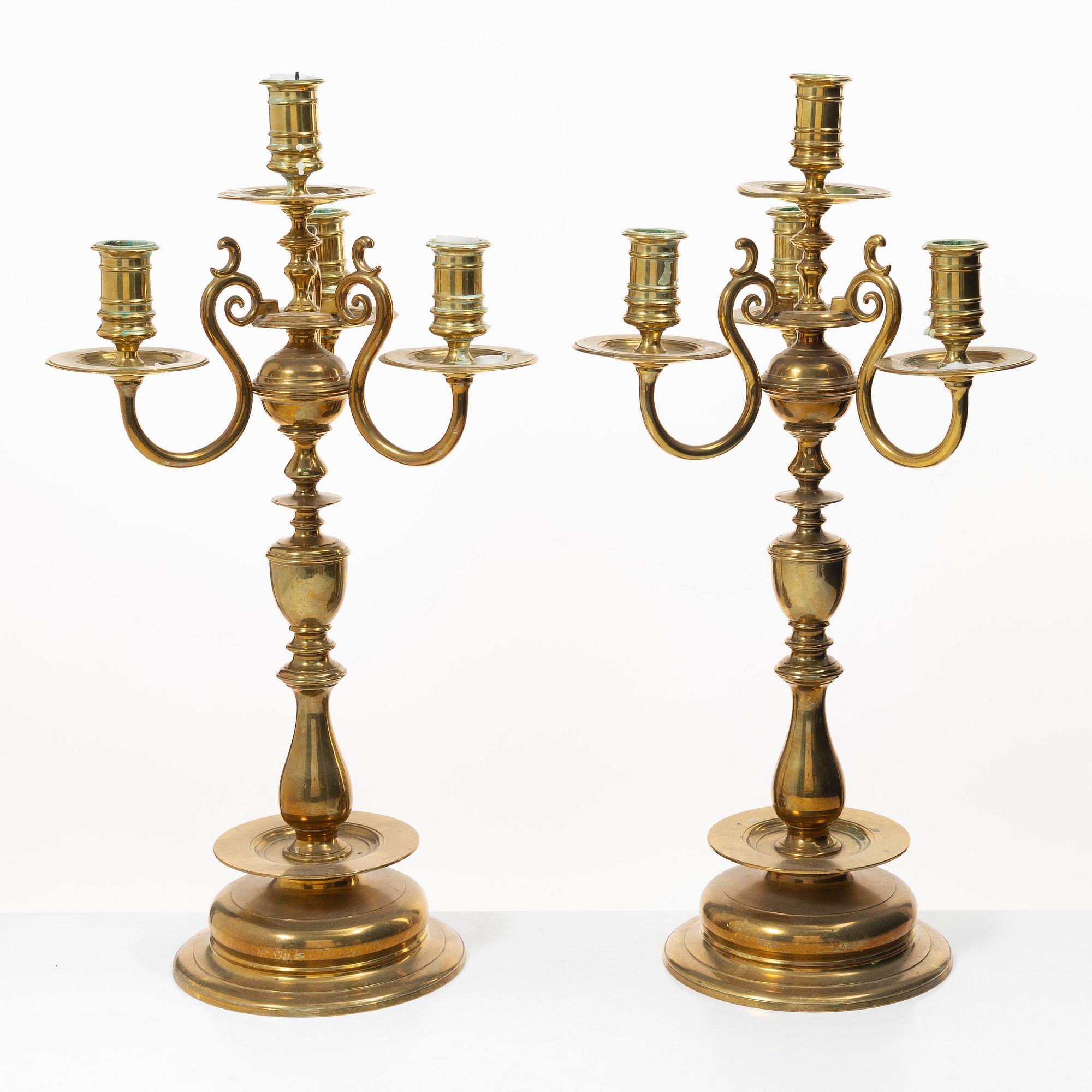 A pair of brass candelabras, Gusums Bruk, Sweden, around 1900.
