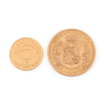 GULDMYNT, 20 kr resp 5 kr, Oscar II, Gustaf V, Sverige 1899 resp 1920. Tot ca 11 gram.