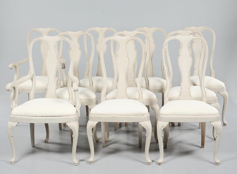 STOLAR, 8 st, samt KARMSTOLAR, 2 st, rokokostil, 1900-tal.