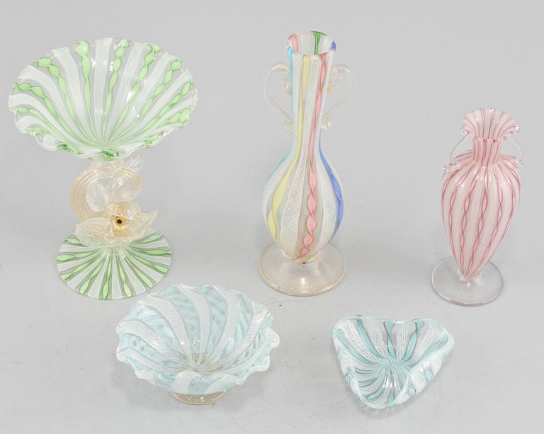 PARTI GLAS, 5 delar, glas, Murano, Italien, 1900-talets andra hälft.