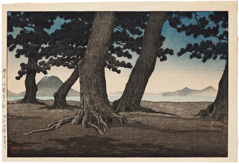 A Japanese woodblock print by Kawase Hasui titled "Pine Trees at Toyama, 20th Century.