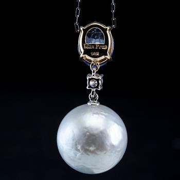 RIIPUS, Etelänmerenhelmi Ø 15,4 mm, tanzaniitti 2.34 ct, briljanttihiottu timantti 0.15 ct W/vs.