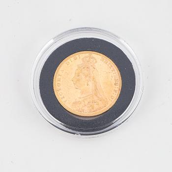 Guldmynt, brittiskt, 1 Sovereign, Drottning Victoria 1891.