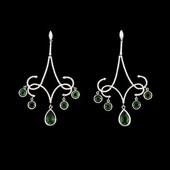 101. A pair of tourmaline and diamond earrings. Tourmalines 5.81 cts in total. Diamonds 1.18 cts in total.