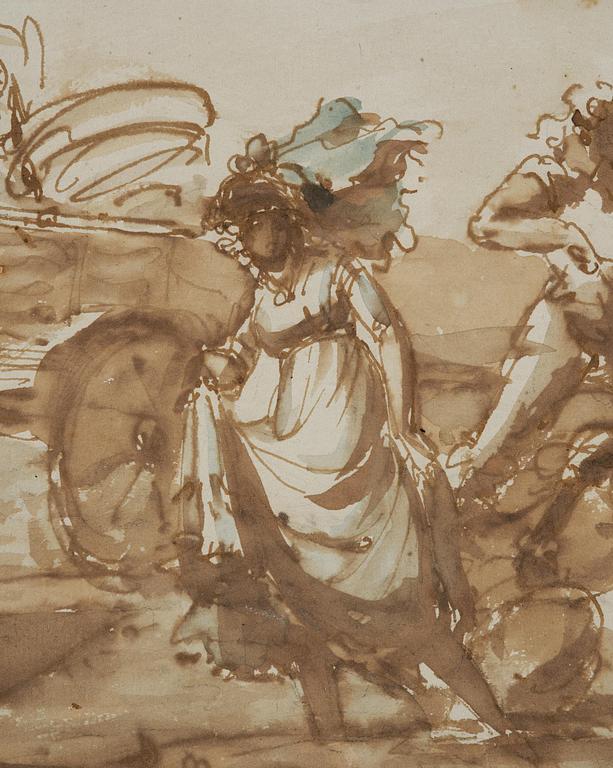 Johan Tobias Sergel, "Caricature Fru Grevinnan Ehrensvärd Insjunker i en sank Eng på Dymelstorp".