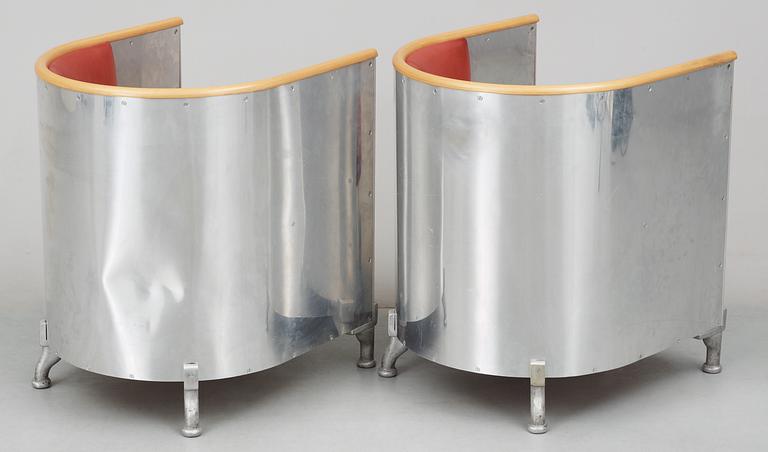 A pair of Mats Theselius 'Aluminium/Theselius' aluminium, birch and red leather armchairs, Källemo AB.