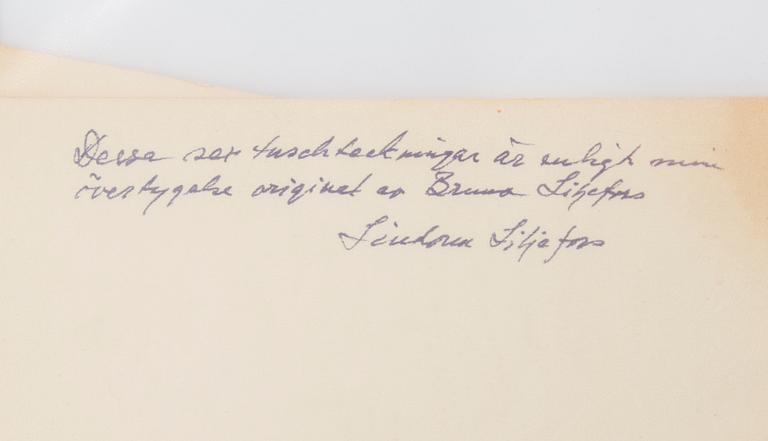 BRUNO LILJEFORS, en serie bestående av fyra originalteckningar ur en svit av sex till boken ”Karikatyrer” från 1884.