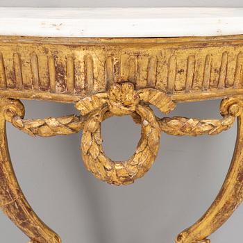 A presumably Danish Louis XVI giltwood and marble console table, late 18th century.