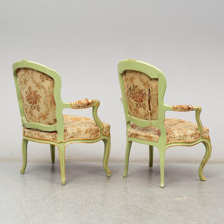 A pair of Swedish Rococo armchairs, second half of the 18th century.