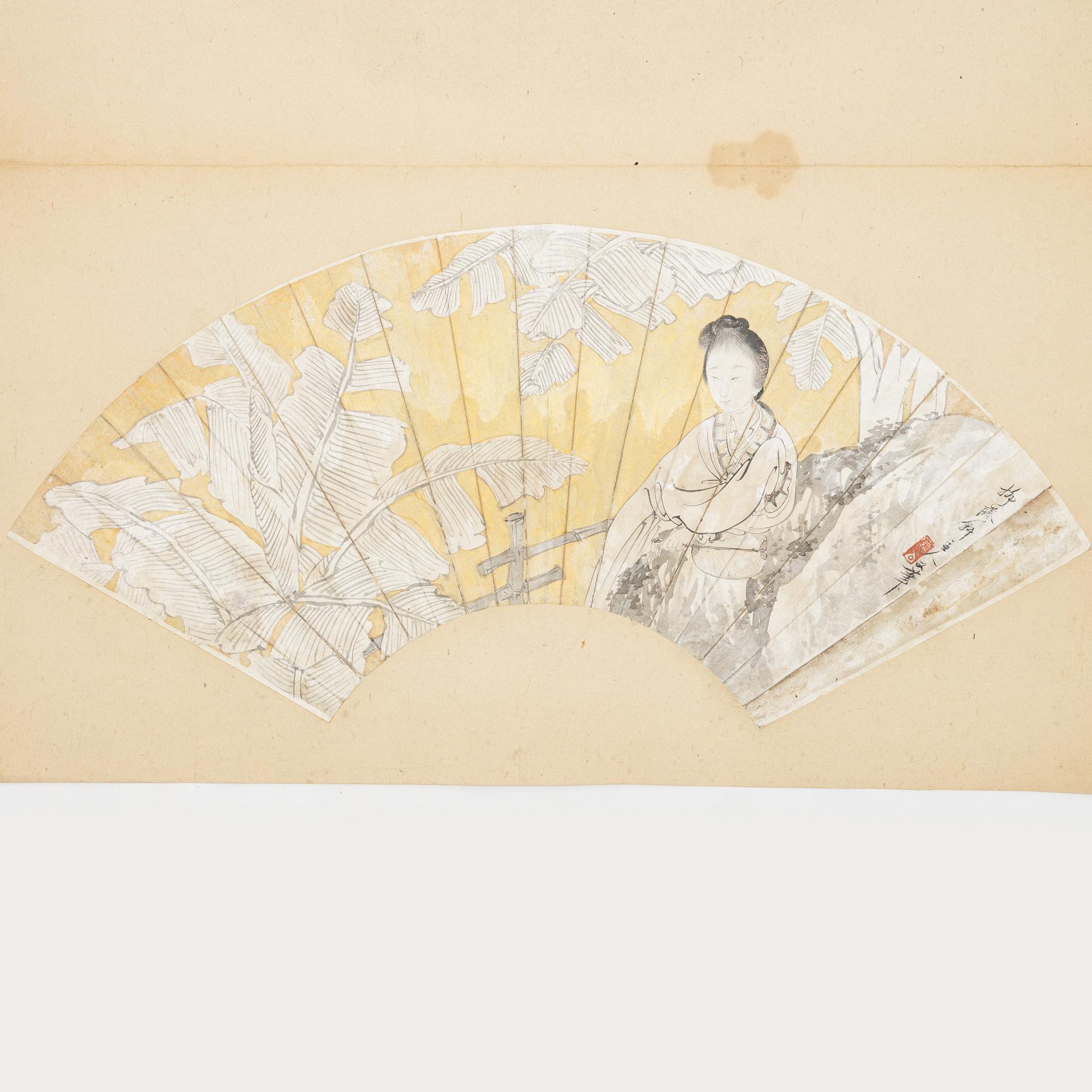 Unidentified artist, so-called "Fan painting", Elegant lady in a garden with banana trees, China, 20th century.