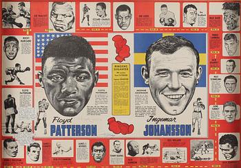 AFFISCH, "Ringens giganter VM-matchen Floyd Patterson vs Ingemar Johansson", Ewes tryckeri AB, Stockholm, 1959.