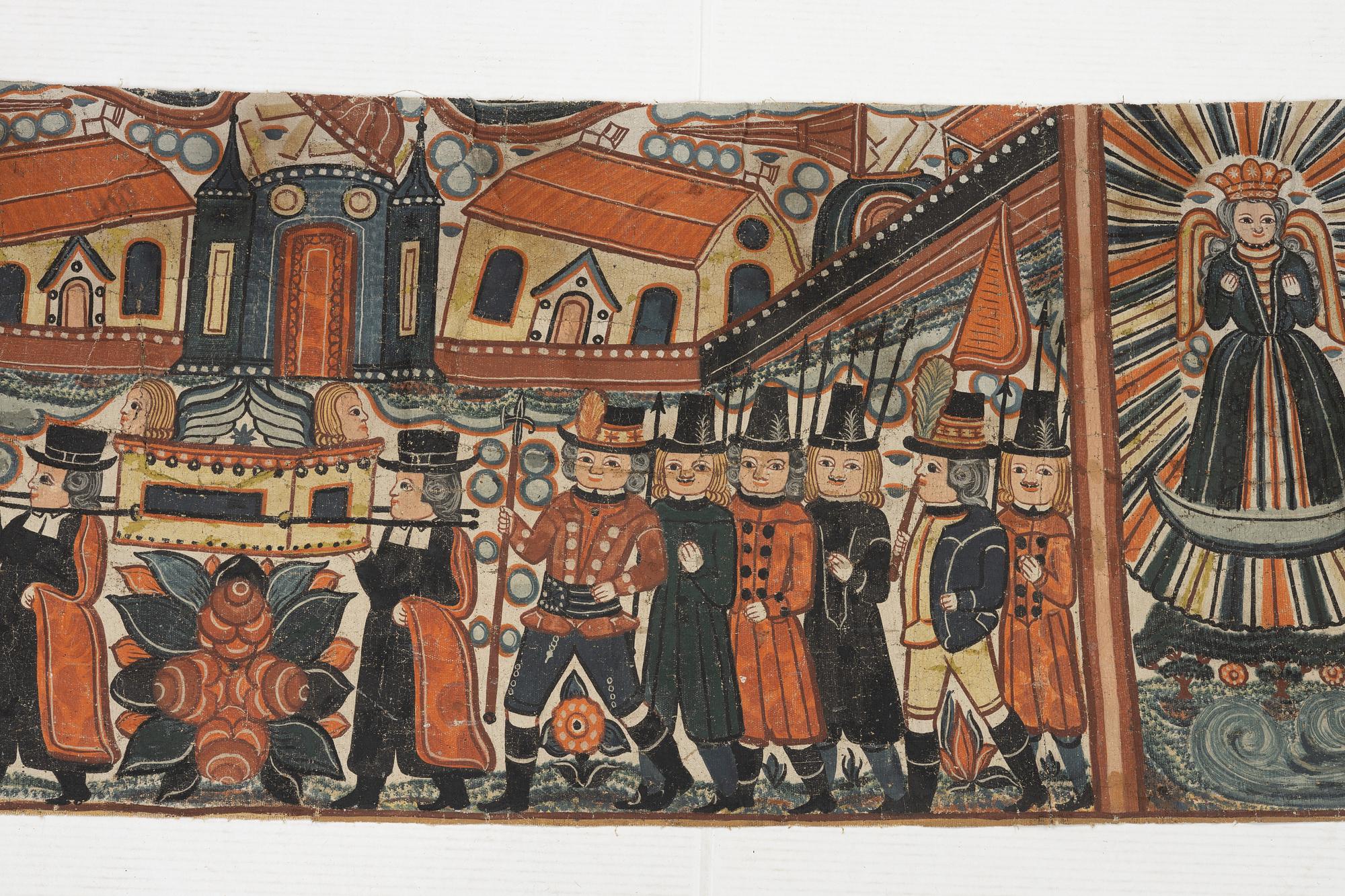 A traditional Swedish painting attributed to Johannes Nilsson, Brearedsskolan, Gyltinge, Halland.