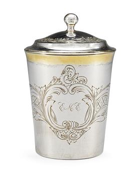 84. A Swedish 19th cent silver beaker and cover, marks of  Carl Gustaf Herpel Stockholm 1817 and Stefan Westerstråhle 1801.