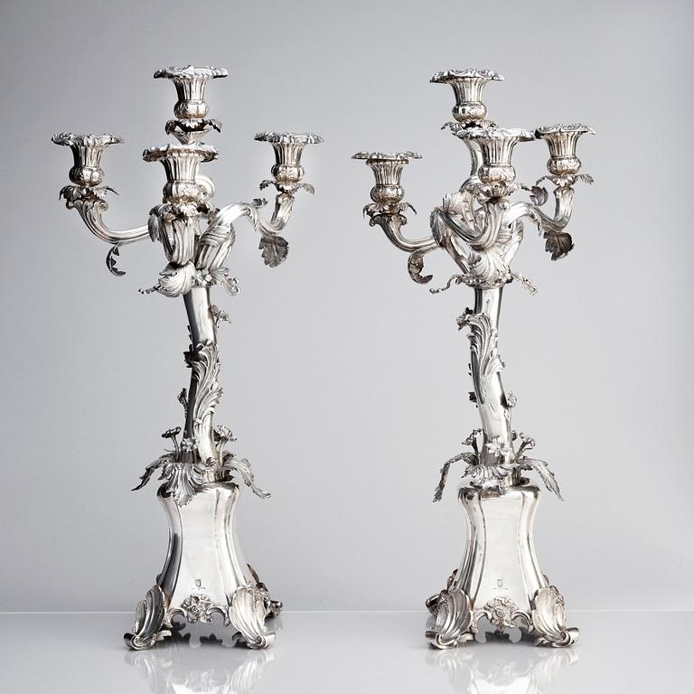 A pair of Swedish silver candelabra, mark of Gustaf Möllenborg-Féron, Stockholm 1856.