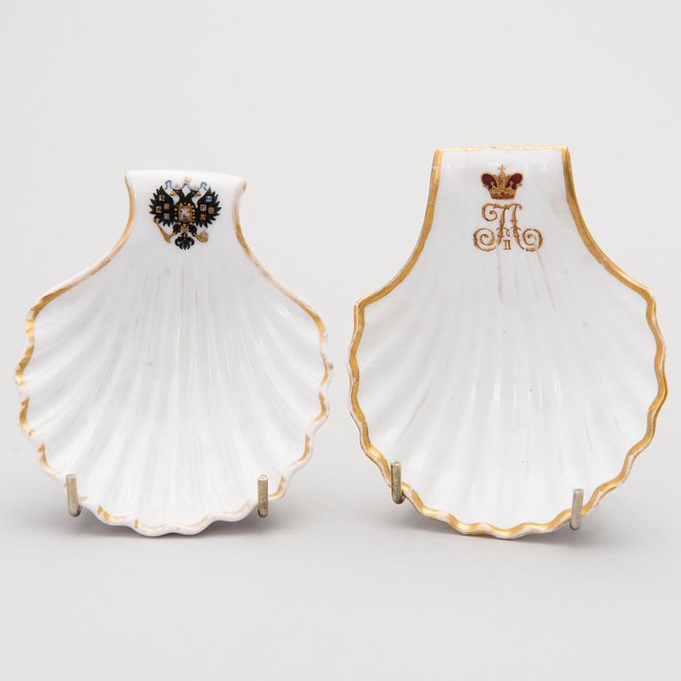 TWO RUSSIAN IMPERIAL BUTTER SHELL, porcelain, Imperial porcelain factory, St. Petersburg 1883 and 1892, Alexander III.