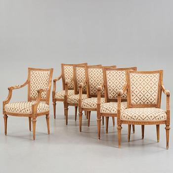 Six Gustavian late 18th century armchairs by Johan Lindgren, master in Stockholm 1770-1800.