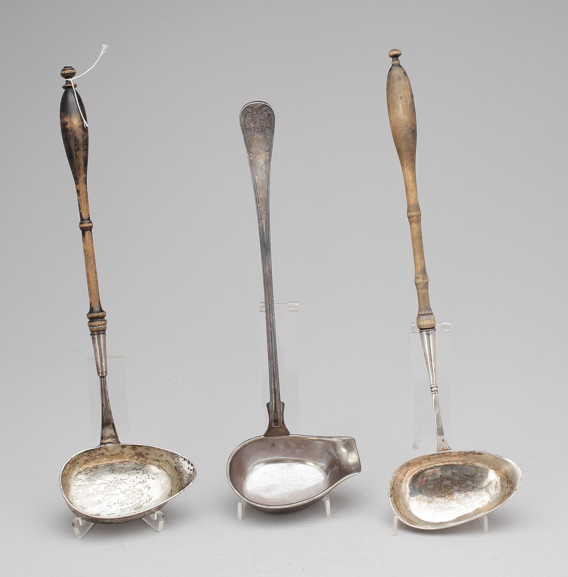 SOPPSLEVAR, 3 st, silver och nysilver, bla Johan Petter Tullgren, Kristinehamn, 1859.