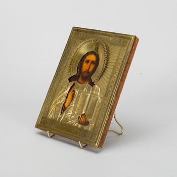 IKON, tempera på pannå med mässingsrisa, Ryssland sekelskiftet 1800/1900.