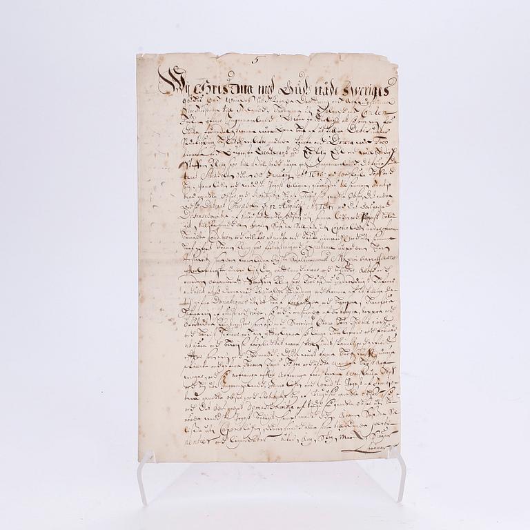 KUNGLIGT DOKUMENT MED AUTOGRAF, Drottning Kristina av Sverige, egenhändigt sign, dat 1647.