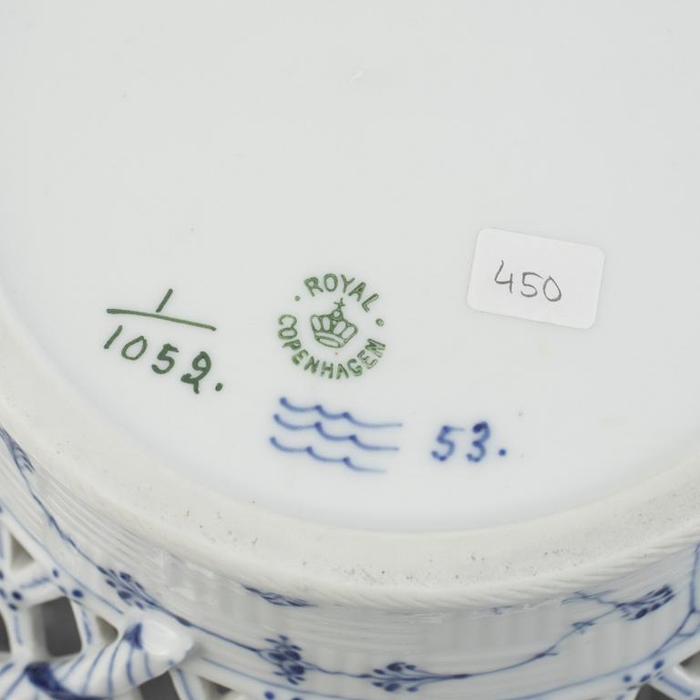 A 'Blue Fluted Full Lace' porcelain fruit basket with stand, Royal Copenhagen, model 1052 and 1098, 1898-1923.